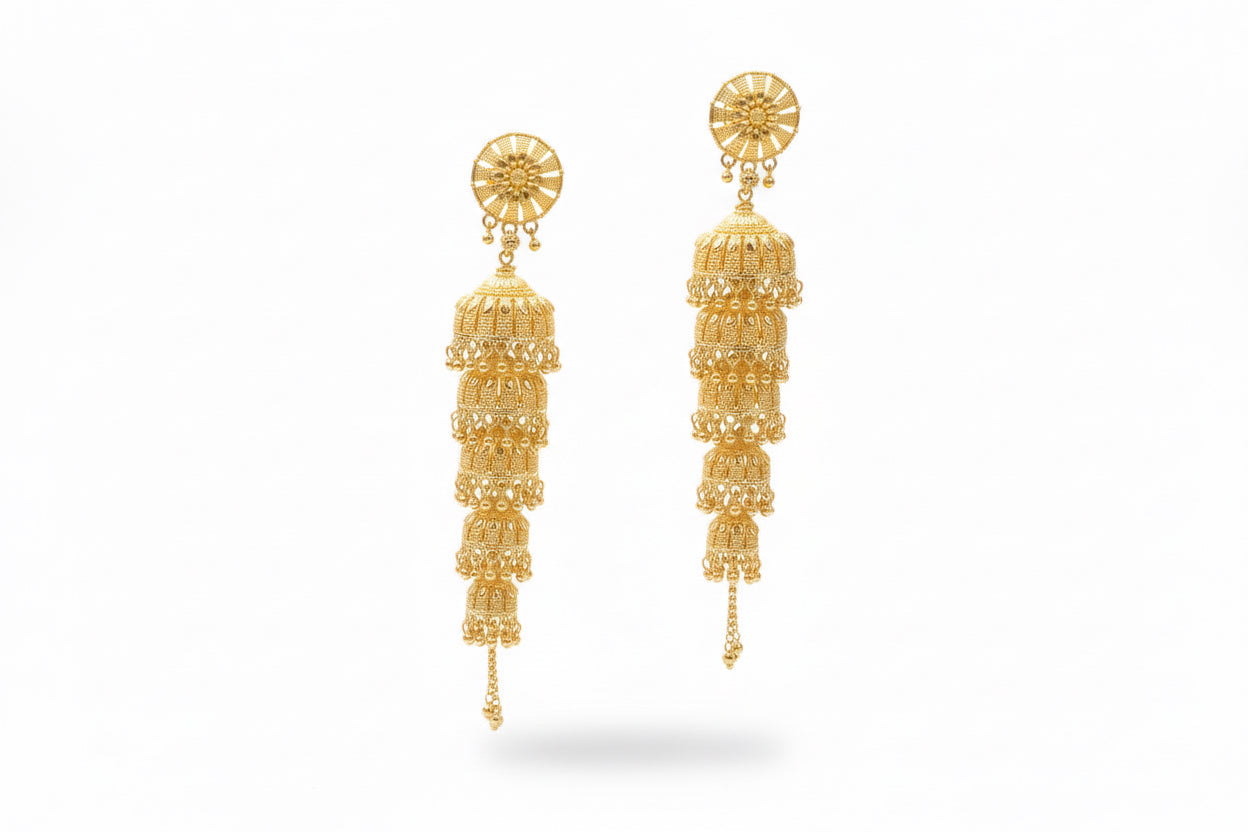 Jhumkas Cascade à 5 Étages en Plaqué Or – Éclat Royal